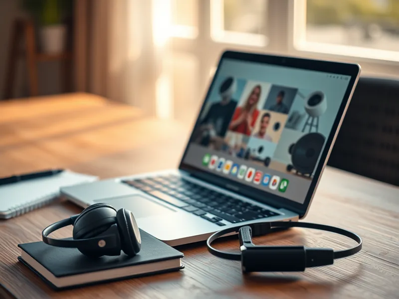 Laptop mit Videokonferenz-Oberfläche und Headset