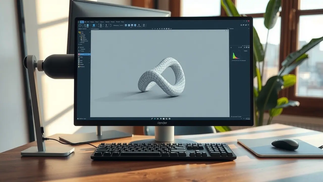 Monitor mit 3D-Wireframe, Stylus und Tablet auf Holzschreibtisch