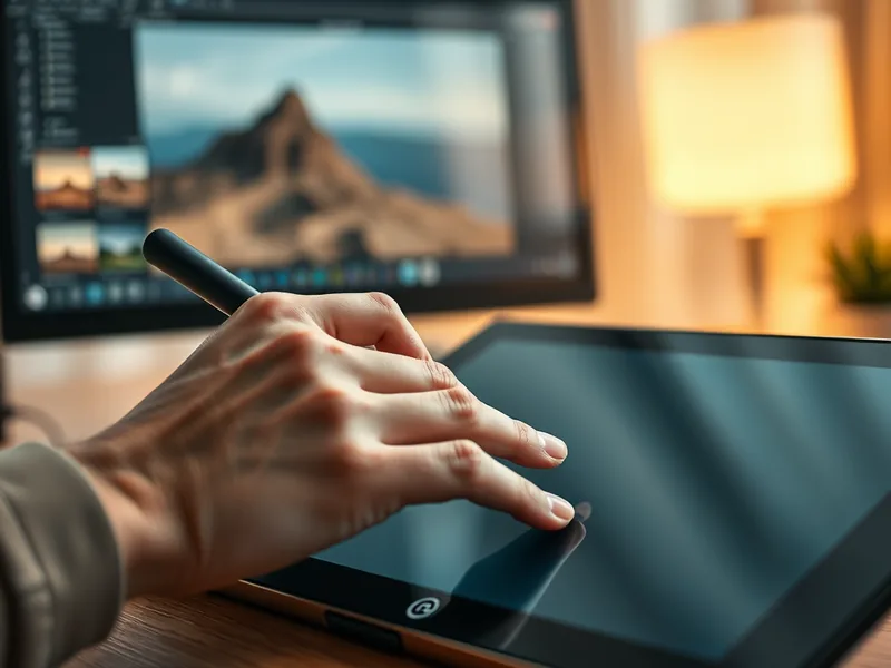 Hand mit Stylus auf Grafiktablett, Foto-Bearbeitung im Hintergrund