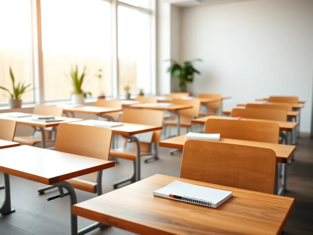 Schulungsraum mit Holztischen und Notizbüchern, Tageslicht