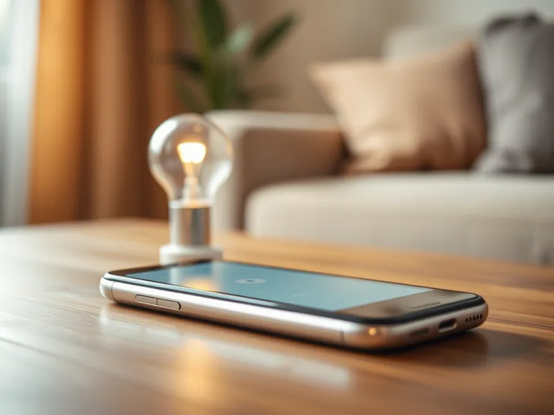Smartphone mit Smart-Home-Interface, Lampe im Wohnzimmer