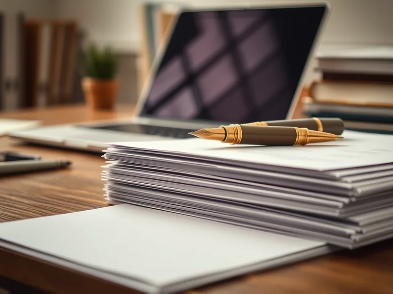 Aktenstapel mit Stift, Laptop im Hintergrund