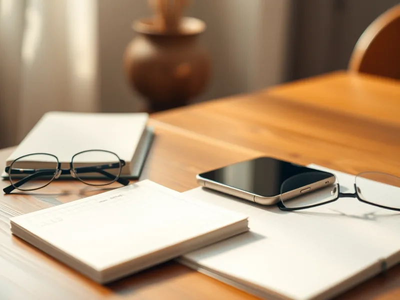 Smartphone, Notizbuch und Lesebrille auf einem Holztisch