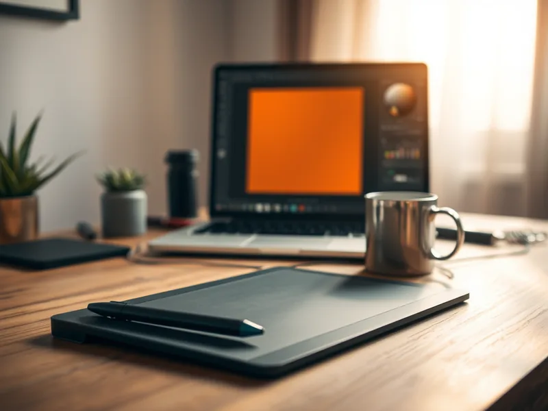 Schreibtisch mit Grafiktablett, Stylus und Laptop mit Vektor-Editor