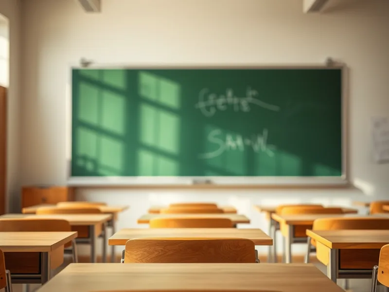 Leerer Klassenraum mit Tafel und Holztischen